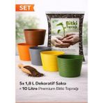 5'li 1,8 L Dekoratif Kırılmaz Saksı Seti + 10 L Premium Bitki Toprağı ( Cocopeat & Perlitli)
