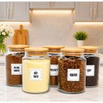 5'li Ahşap Vakum Kapaklı Cam Hazır Kahve Süt Tozu Çay Filtre Kahve Türk Kahvesi Saklama Kavanozu Seti Etiket Hediyeli - Açık Kahverengi - Şeffaf - 5 Adet - 800 ml