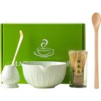 5'li Matcha Çay Seti, Bambu Süpürge, Kaşık, Kürek ve Seramik Kase ile - Açık Yeşil