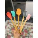 5'Li Renkli Ahsap Sapli Silikon Uclu Spatula Fircali Kasik Seti -Yemek Hazirlik Seti 21 Cm