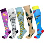 5'li Unisex Esnek Müzik Muz ve Doğa Desenli Karışık Renkli Nefes Alabilen Diz Üstü Çoraplar - Çok Renkli - 36 - 44
