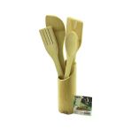 5Pcs Ahşap Bambu Mutfak Seti Stand - Kaşık - Çatal - 2 Spatula Fileli (5365)