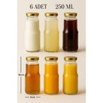 6 Adet 250 ml Şeffaf Sürahi Süt, Ayran, Su, Limonata, Meşrubat Şişesi Metal Kapaklı Cam Şişe - Metalik Gold