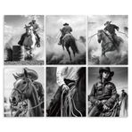 6 Paket Western Kovboy Binici At Çerçevesiz Su Geçirmez Tuval Duvar Sanatı Dekor 20 x 25 cm Büyük Siyah Beyaz Tuval Poster Çiftlik Evinde Duvar Dekorasyonu Ev Ofis Banyo Yatak Odası