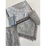 6 Parça Seccade Takımı Çeyizlik Bohça Kutulu Kadife Güpürlü Gelin Damat Seti - 70 x 120 cm - Gri