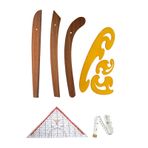 6 Parça Set 3 Lü Modelist Riga Cetvel Seti, Modelist Gönyesi, Pistole Cetvel Ve 150 Cm Mezura Ahşap