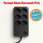 6 Prizli 4 Usb Girişli Akım Korumalı Topraklı Golyat Grup Şarj Fiş Priz 2 Metre Uzatma Kablosu