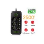 6 Soket 4 USB 1 Pd Şarj Termal Akım Korumalı Priz 2 Metre Kablo Çoklu Priz 6 Lı Priz - Siyah