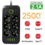 6 Soket 4 USB 1 Pd Şarj Termal Akım Korumalı Priz 2 Metre Kablo Çoklu Priz 6 Lı Priz - Siyah