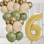6 Yaş Retro Küf Yeşili Krom Gold Kum Beji Balon Seti Gold Rakam Doğum Günü Balonu Şık Parti Süsleme - Çok Renkli