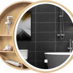 60 inç LED Işıklı Yuvarlak Banyo Vanity Ayna Dolabı - Ahşap Sürgülü Kapı ile Duvara Monte Depolama Akıllı Dokunmatik Anahtar Altın Kaplama 70Cm Modern Banyolar için.
