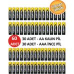 60'li Kalem Pil Seti – 30 Adet Aa Kalın + 30 Adet Aaa Ince Pil Güçlü Performanslı Seri - 60'lı