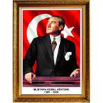 60X80 cm Kırmızı Yaldızlı Atatürk Portre Tablo Pano - Açık Ceviz - Seçenek 1