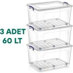 62X40X41,5 cm Tekerlekli Kilitli Saklama Kutusu 60 Litre 3 Adet Tekerlekli Saklama Kabı Depolama Düzenleyici - Şeffaf