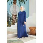 6482-ÖN TEK PİLELİ KREP ELBİSE Saks Mavisi