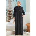 6494-Denim Kapşonlu Düğmeli Ferace Lacivert