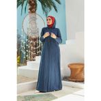 6494-Denim Kapşonlu Düğmeli Ferace Mavi
