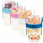 650 ml Take-go Kaşıklı Hazneli Meyveli Müsli Kabı Piknik Iş Yoğurt Süt Bardağı Kapaklı ve Kaşıklı Kahvaltı Bardakları, Tahıl Tepesi Yulaf Ezmesi Granola (4'lü Set)