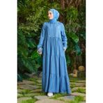 6531-DENIM Kapşonlu Reglan Kollu Elbise Mavi - 48