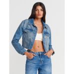 65366 Fleto Cepli Crop Denim Ceket-Mavi - 40