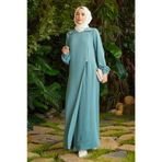 6541-Krep Yan Fermuarlı Ferace Mint Yeşili