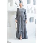 6556-DENIM Düğmeli Büzgülü Elbise Gri - 48