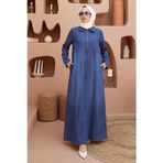 6568-Denim Fermuarlı Ferace Koyu Mavi
