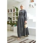 6586-DENIM Büzgülü Elbise Gri - 48
