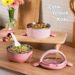 66732-1 Stainless Steel Vakumlu Lunch Box Iki Katlı Paslanmaz Çelik Kolay Kilitlenir Kendinden Kaşıklı Sefer Tası – 1000ML Pembe