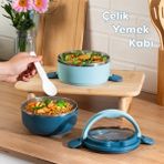 66732 Stainless Steel Vakumlu Lunch Box Iki Katlı Paslanmaz Çelik Kolay Kilitlenir Kendinden Kaşıklı Sefer Tası – 1000ML Mavi