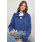 6752 Kadın Crop Fermuarlı Kazak Indigo - İndigo
