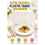 6'lı Altın Yaldızlı Plastik Tabak 26 Cm Porselen Görünümlü Kullan At Parti Davet Servis Tabağı