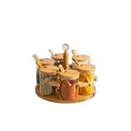 6’lı Baharatlık (7x7 cm) Seti Cam Kavanozlu Kaşıklı Bambu Stand – Modern Mutfak Düzenleyici