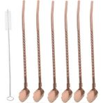 6'Lı Bronz Pipetli Latte Kaşığı Kokteyl Kaşığı Ve Temizleme Fırçası, 22 Cm Yaprak Model