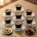 6’Lı Cam Kahve Fincanı Seti Çizgili Desenli Şeffaf Fincan Tabak Takımı 8 Cm Espresso Türk Kahvesi Sunum Seti