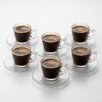 6’lı Cam Kahve Fincanı Seti Çizgili Desenli Şeffaf Fincan ve Tabak Takımı 8 cm Espresso Türk Kahvesi Sunum Seti
