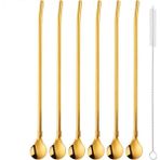 6'lı Gold Pipetli Latte ve Kokteyl Kaşığı Seti, Temizleme Fırçalı, 22 cm Yuvarlak Tasarım - Seçenek 1