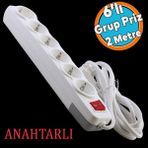 6'lı Grup Priz Anahtarlı Topraklı 2 Metre Seyyar Ara Kablolu Uzatma Kablolusu Altılı Piriz Kablo - Beyaz