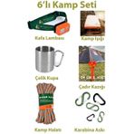6’Lı Kamp Seti-Kafa Lambası, Çadır Işığı, Çelik Kupa, Çadır Kazığı, Kamp Halatı, Karabina Askıları