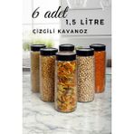 6'lı Mega Boy Uzun Dik Saydam Çizgili Cam Kavanoz Seti 1500ML Erzak Saklama - Ahşap