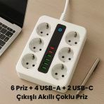 6’Lı Priz + 4 Usb Çıkışlı Akıllı Çoklu Grup Priz Anahtarlı Ve Güvenli Uzatma Kablosu