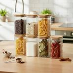 6'Lı Set 425 Ml Bambu Kapaklı Kare Cam Kavanoz - 6X12 Cm Vakumlu Uzun Boy Şeffaf Erzak Kabı Kahve Çay Baharatlık Mutfak Düzenleyici Organizer Saklama Kutusu