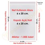 6x20+5 cm.(6x25) 1.000 Adet Şeffaf Bantlı Yapışkanlı OPP Poşet