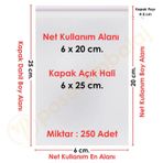 6X20+5 Cm.(6X25) 250 Adet Şeffaf Bantlı Yapışkanlı Opp Poşet