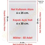 6x25+5 cm.(6x30) 50 Adet Şeffaf Bantlı Yapışkanlı OPP Poşet