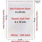 6X8+4 Cm.(6X12) 250 Adet Şeffaf Bantlı Yapışkanlı Opp Poşet