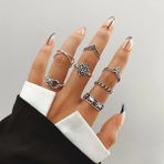 7 Adet Ayarlanabilir Eklem Yüzük Seti Gold Yüzük Kadın Çoklu Incili Yüzük Seti -109 - Silver