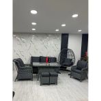 7 Kişilik Rattan Bahçe Balkon Teras Oturma Grubu Antrasit Minderli (3+1+1) 80X140 Cm Masa, 2 Adet Puf Ve Tek Kişilik Rattan Salıncak Seti - Antrasit Gri