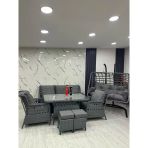 7 Kişilik Rattan Bahçe Balkon Teras Oturma Grubu Gri Minderli (3+1+1) 80X140 Cm Masa, 2 Adet Puf Ve 2 Kişilik Rattan Salıncak Seti - Antrasit Gri