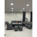 7 Kişilik Rattan Bahçe Balkon Teras Oturma Grubu Gri Minderli (3+1+1) 80X140 Cm Masa, 2 Adet Puf Ve Tek Kişilik Rattan Salıncak Seti - Antrasit Gr